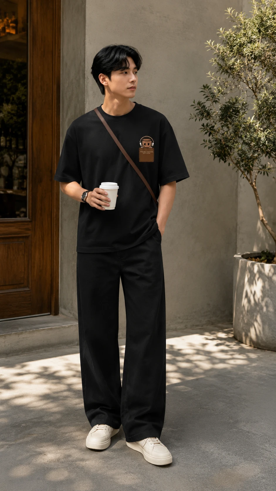 T-shirt featuring a small coffee