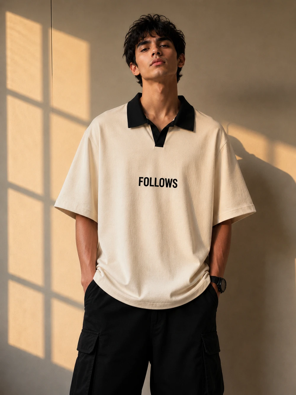 Men's VIGO Premium Oversized V-Neck Collar T-Shirt with "FOLLOWS" Print – Available in Multiple Colors